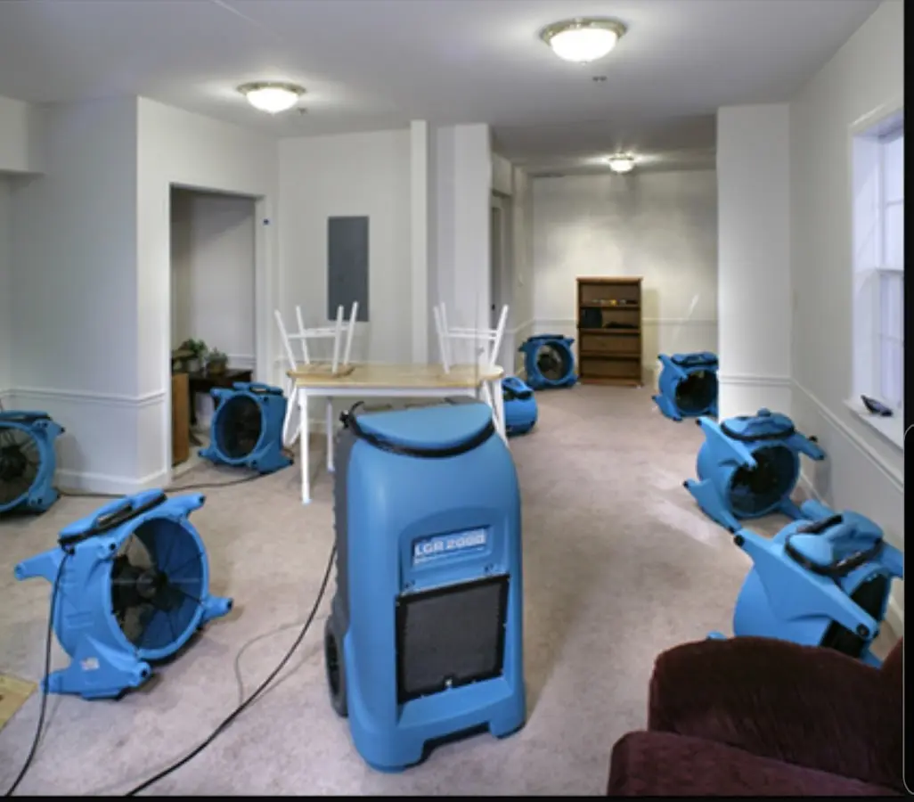 Air movers and dehumidifier setup for Water Damage Restoration in Fishers